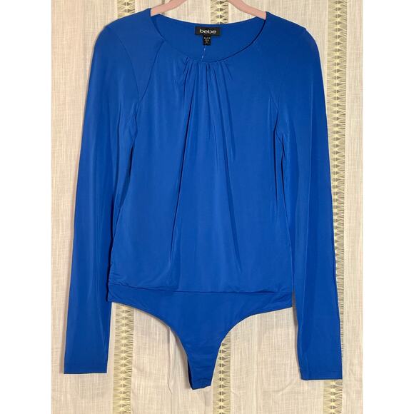 NWT New Bebe Y2K 2000s Blue Long‎ Sleeved Pleated Fitted Bodysuit Small - Picture 2 of 10